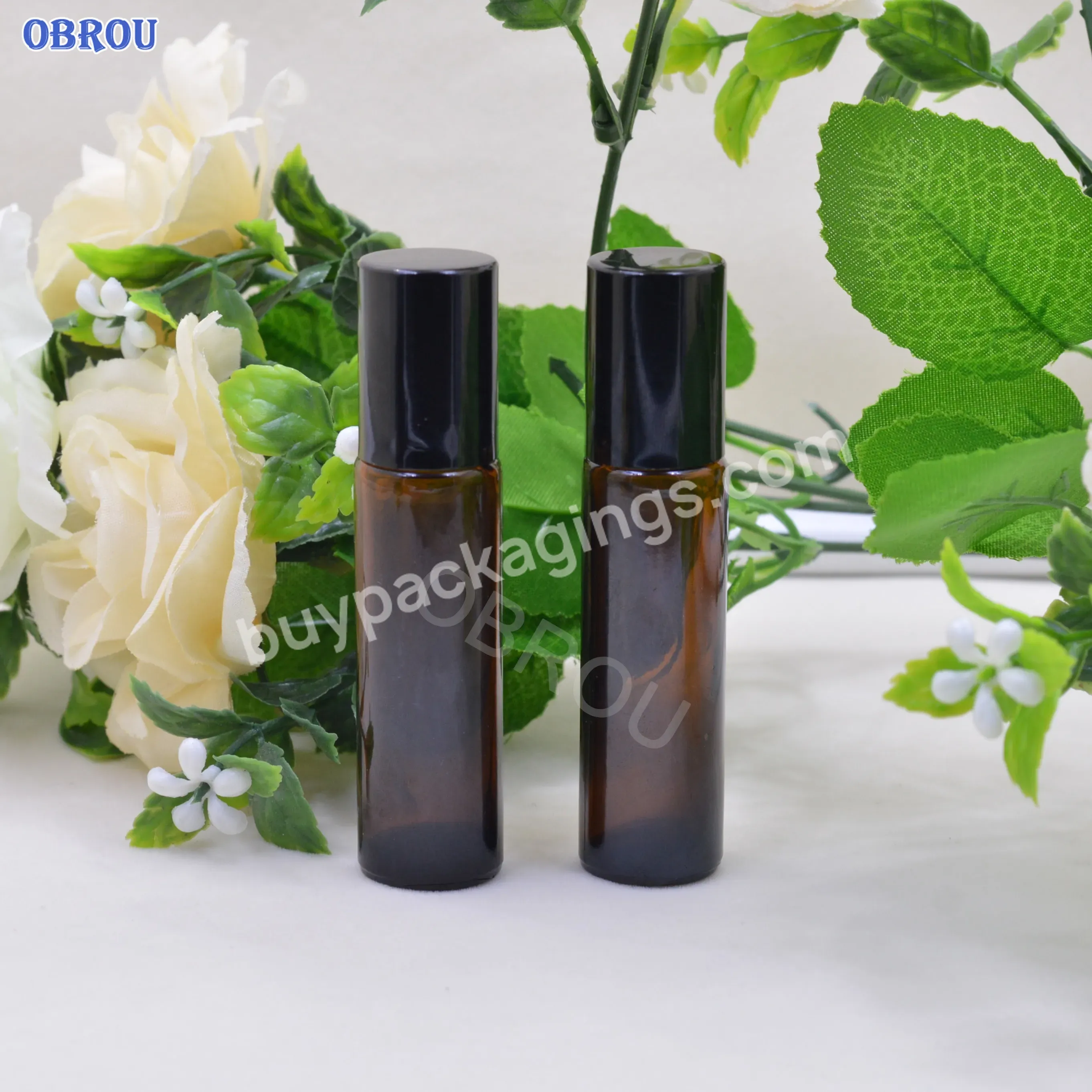 Obrou Amber 10ml Cylinder Perfume Roll On Bottle With Stainless Steel Roller Ball Glass Essential Oil Bottle