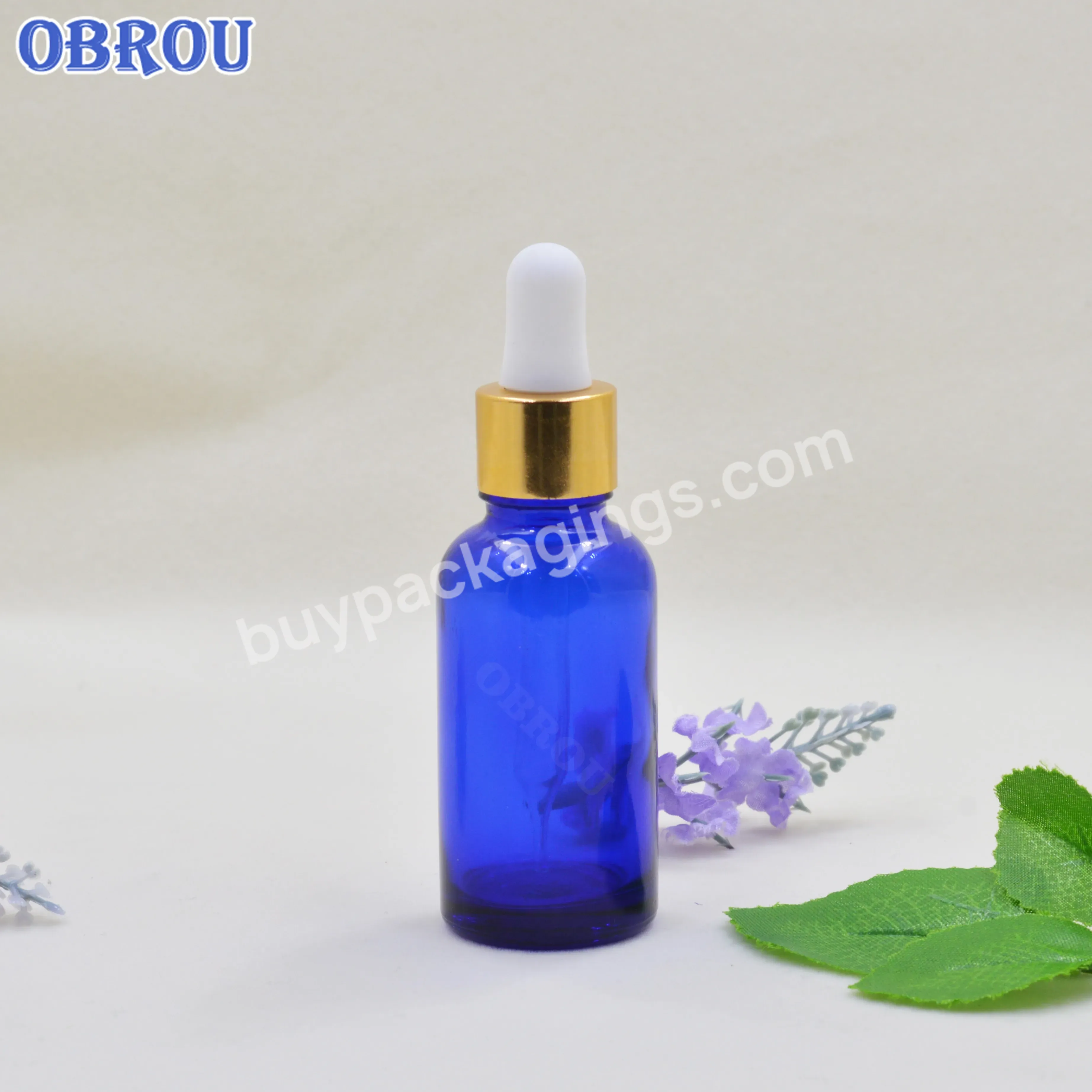 Obrou Factory Custom Blue Cylinder 15 30 Ml Hair Oil Cosmetic Serum European Dropper Glass Bottles For Essential Oil