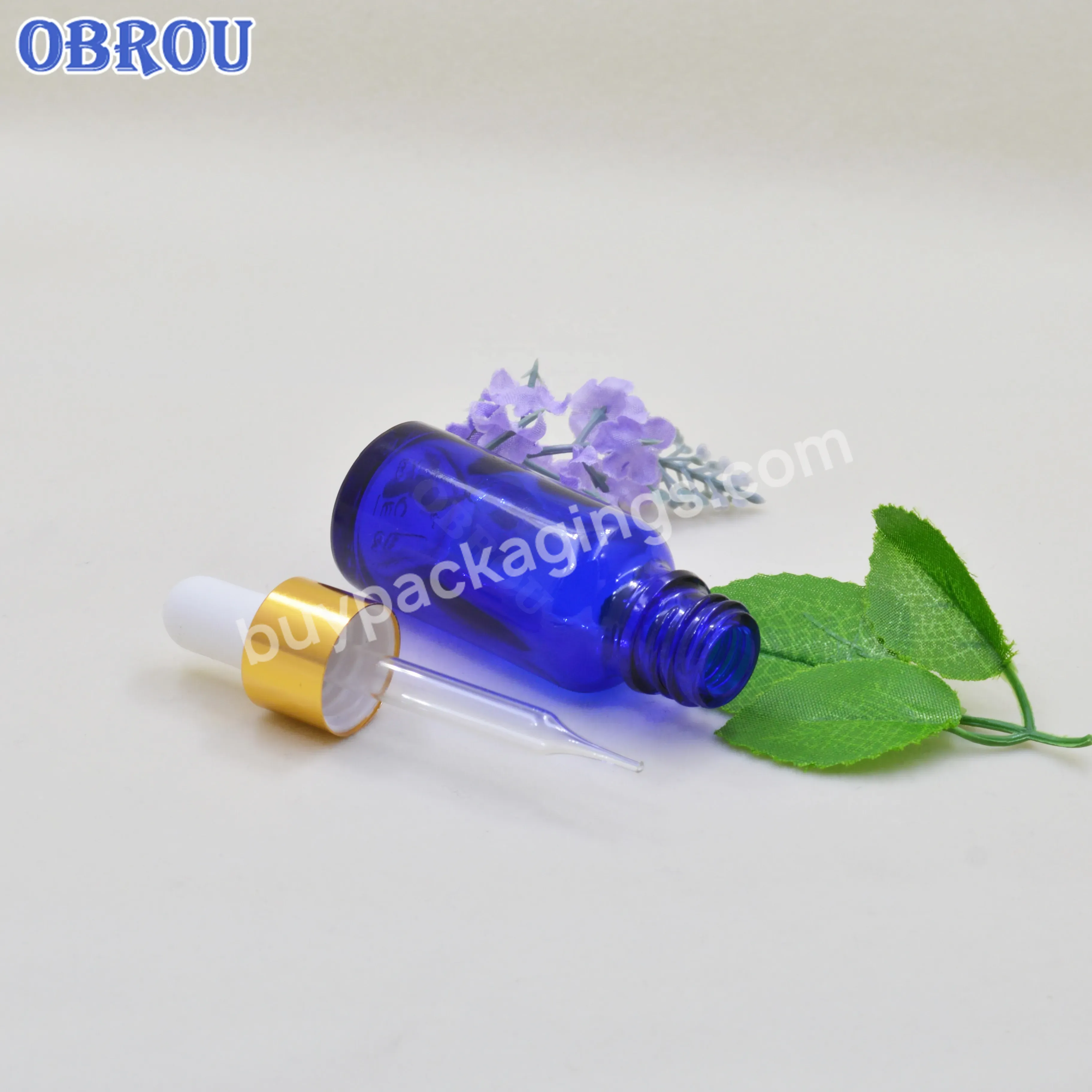 Obrou Factory Custom Blue Cylinder 15 30 Ml Hair Oil Cosmetic Serum European Dropper Glass Bottles For Essential Oil