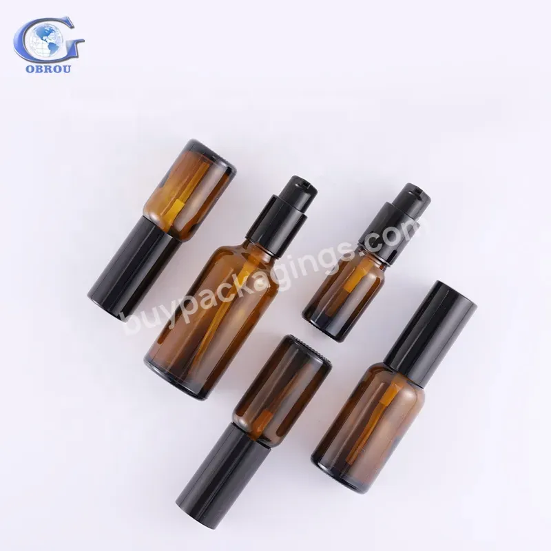 Obrou High Quality Straight Circle Shape Empty 30ml Cosmetic Amber Glass Lotion Pump Bottle