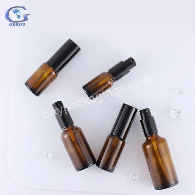 Obrou High Quality Straight Circle Shape Empty 30ml Cosmetic Amber Glass Lotion Pump Bottle