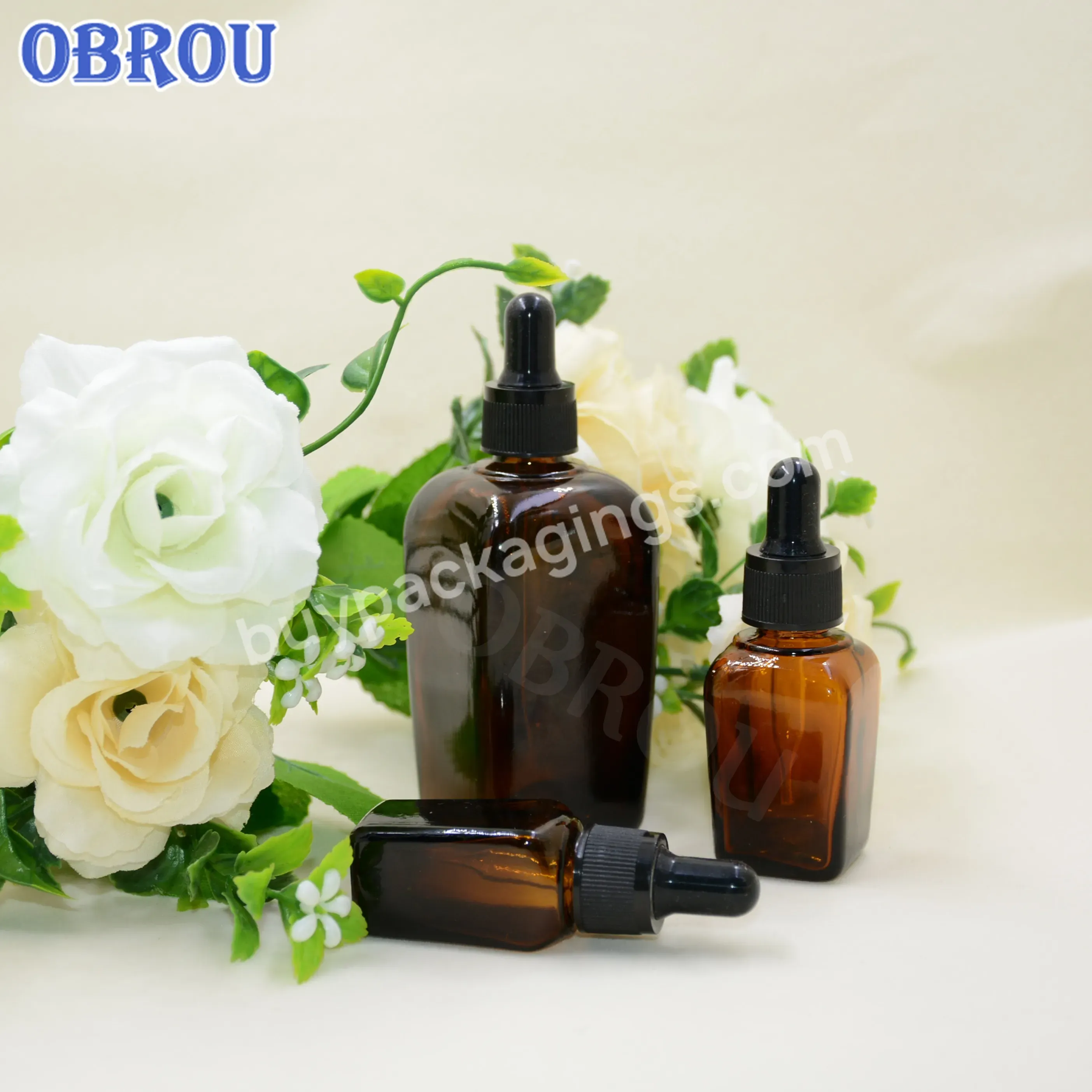 Obrou Hot Sale Amber Color Essential Oil Glass Bottle With Dropper Square Glass Bottle 30 Ml