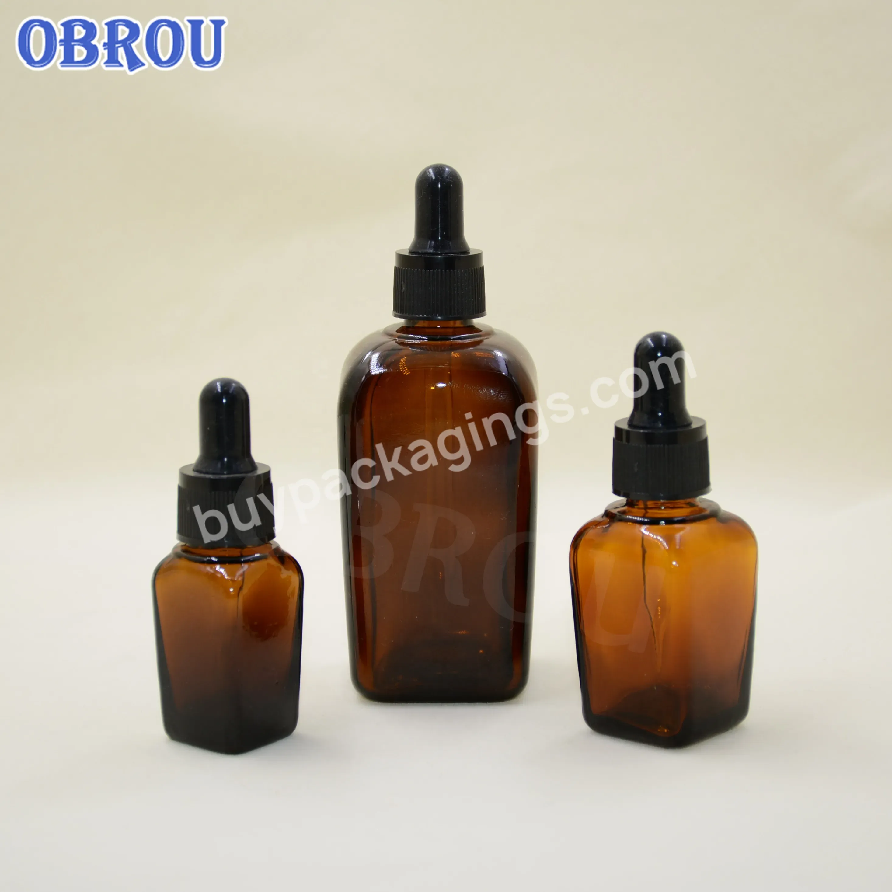 Obrou Hot Sale Amber Color Essential Oil Glass Bottle With Dropper Square Glass Bottle 30 Ml