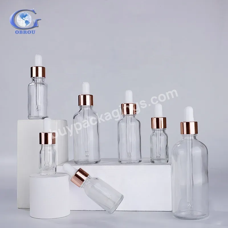 Obrou Hot Sales Transparent Rose Gold Screw Lid Glass Dropper Bottle Essential Oil Bottle For Cosmetic