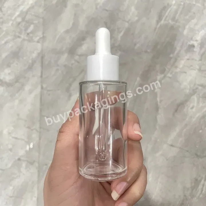 Obrou In Stock Clear 50 Ml Glass Dropper Face Serum Essence Oil Bottle With White Black Cap Luxury Cosmetic Packaging Bottle