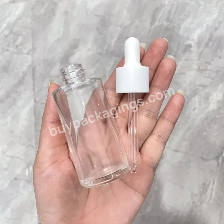 Obrou In Stock Clear 50 Ml Glass Dropper Face Serum Essence Oil Bottle With White Black Cap Luxury Cosmetic Packaging Bottle