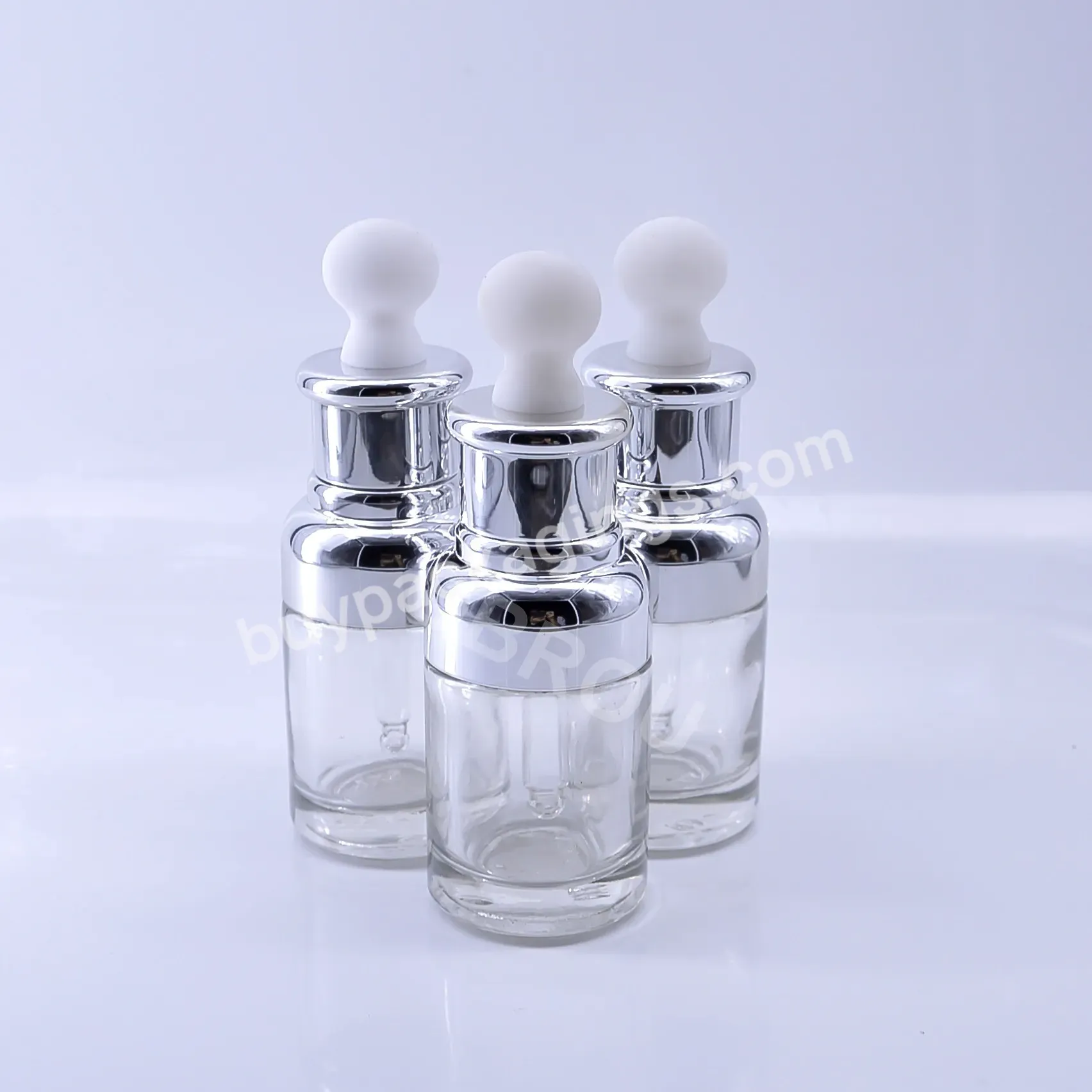 Obrou Popular Clear 30ml Cosmetic Skincare Packaging Glass Dropper Serum Bottle With Silver Collar