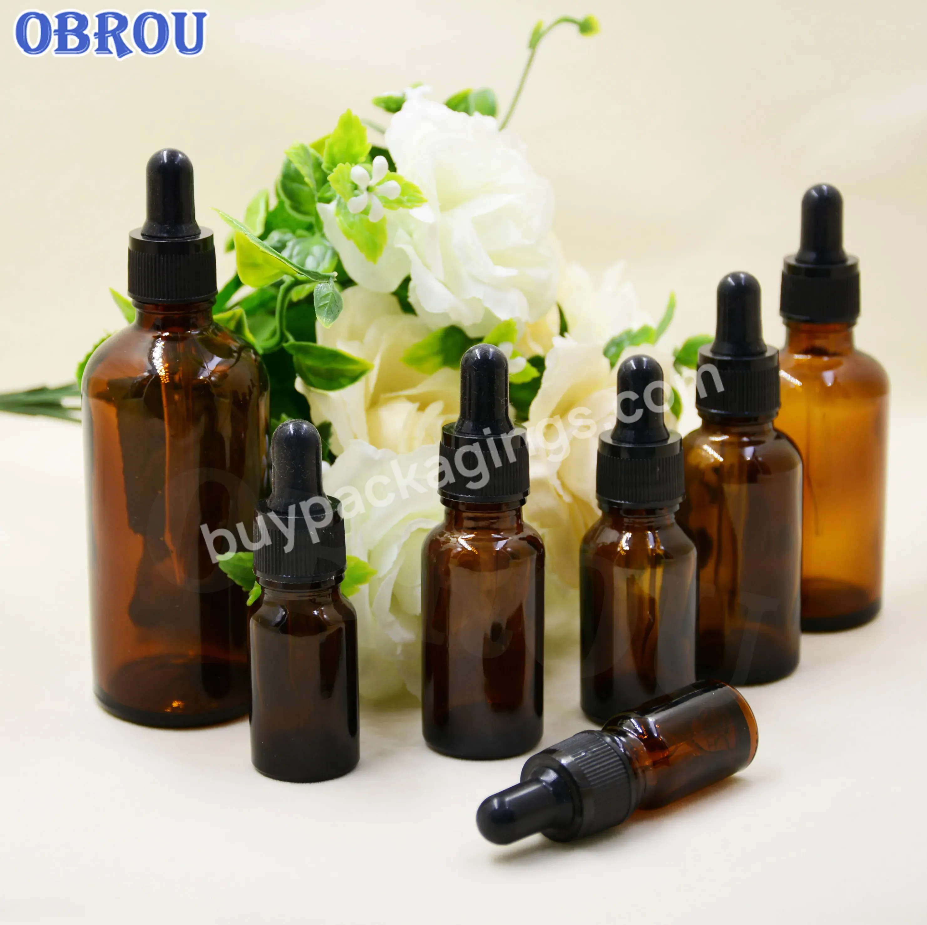 Obrou Wholesale 10ml 20ml 15ml 30ml 50ml Amber Cylinder Essential Oil Glass Dropper Bottle For Massage Oil