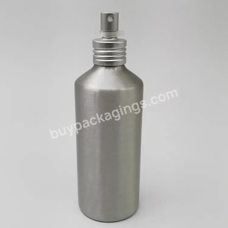 Oem 300ml Slant Shoulder Natural Silver Cosmetic Aluminum Bottle With Metal Spray Pump