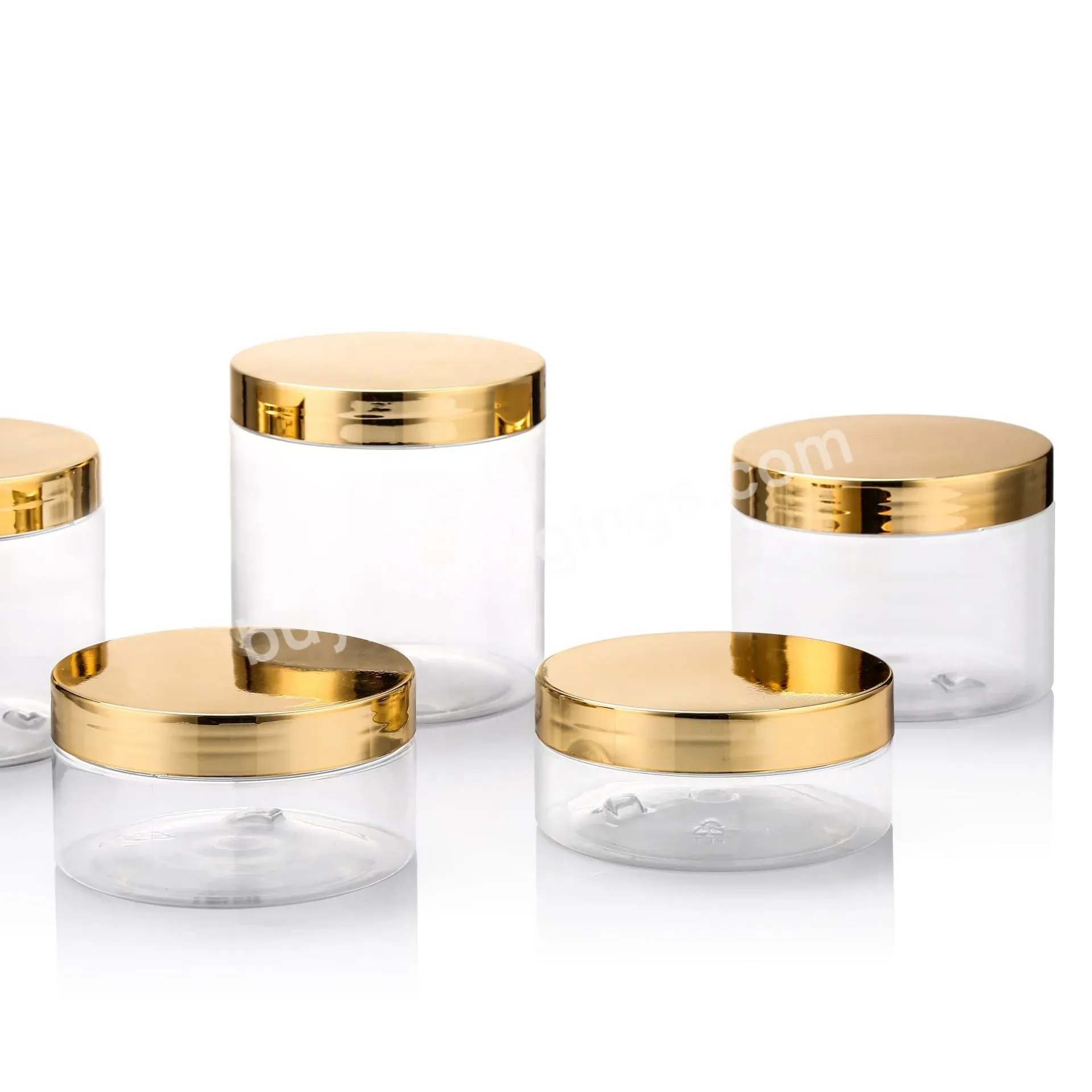 Oem 89mm Neck Cosmetic Transparent Clear Cosmetic Pet Cream Jars With Gold Plastic Pp Cap Lid