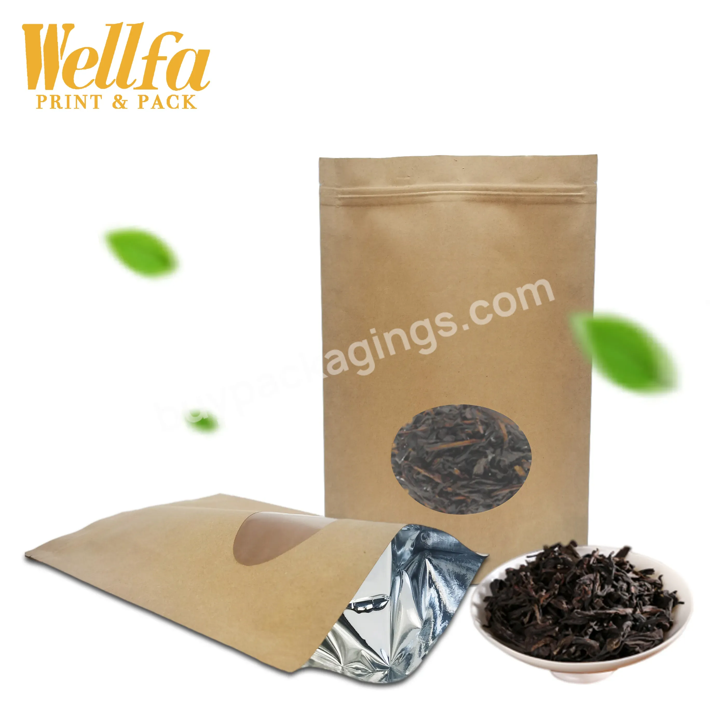 Oem Emballages Alimentaires Stand Up Craft Pouch Kraft Paper Tea Packaging With Zipper Window