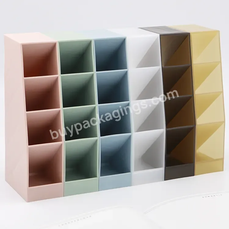 Oem Odm Beautiful Color Plastic Pen Storage Holder Plug-in 4 Grid Trapezoidal Desktop Oblique Plug-in Pencil Stand Pot