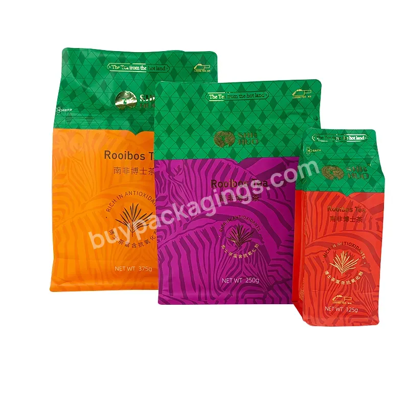 Oem \ Odm Bronzing Printed Aluminum Foil Easy To Tear Zipper Eight Side Sealed Tea Packaging Bag