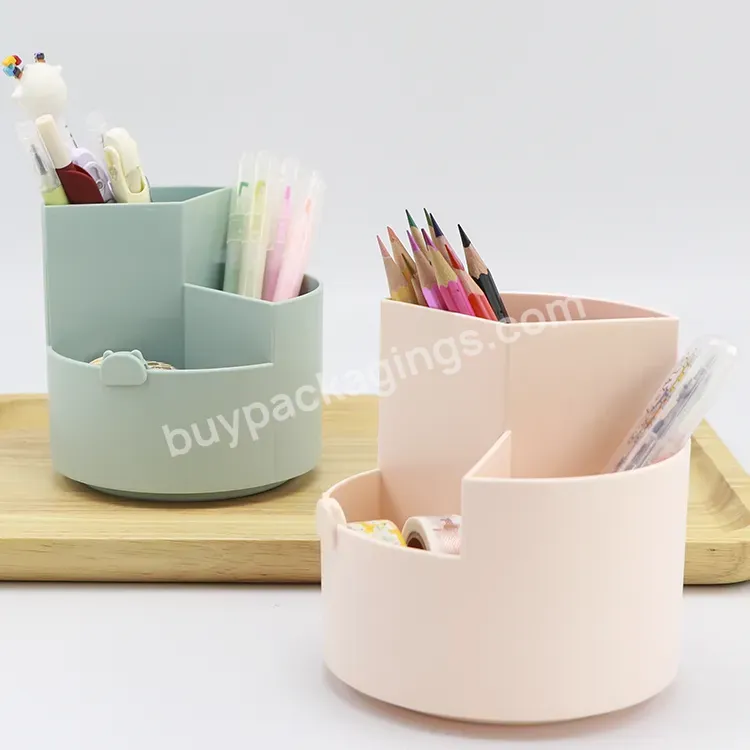 Oem Odm Logo Plastic Pp Recycled 3 Grid Round Children Pencil Holder Rotating 360 Desktop Pen Recycled Desk Organizer