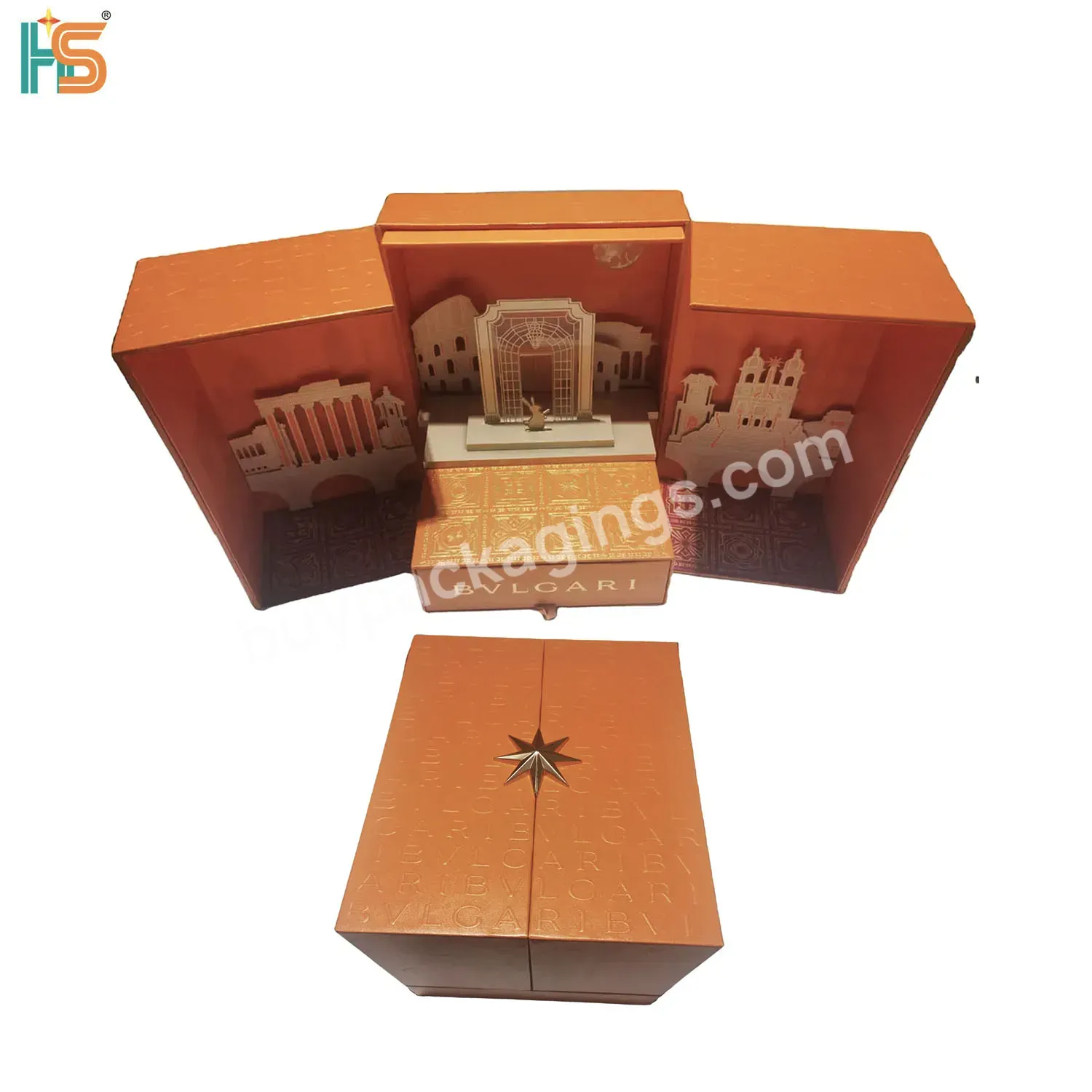 Orange Custom Brand Gift Box Luxury Leather Two Double Door Drawer Packaging Box