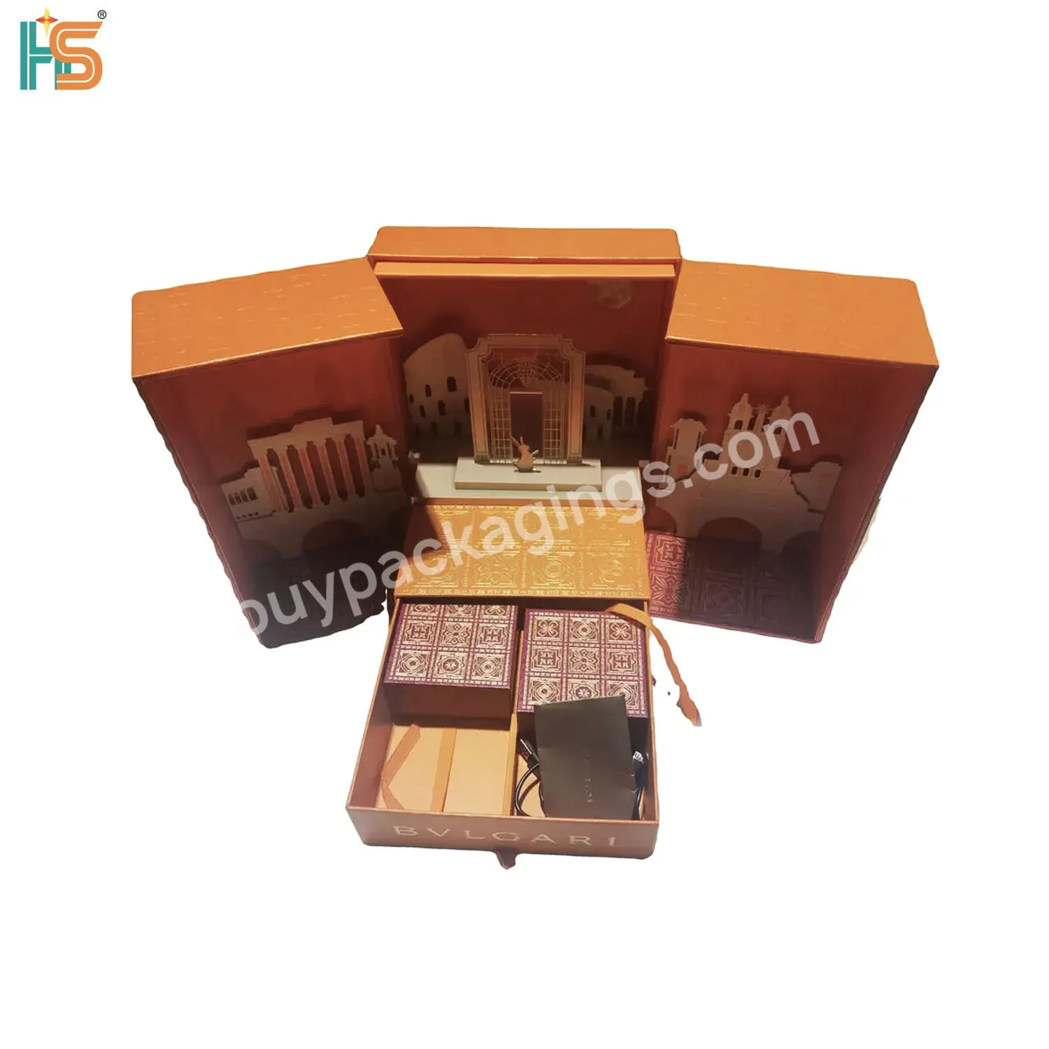 Orange Custom Brand Gift Box Luxury Leather Two Double Door Drawer Packaging Box