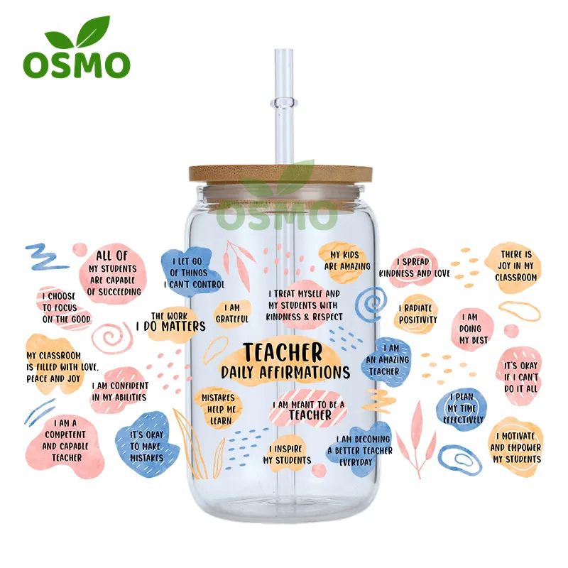 Osmo Wholesale Factory Printed UV Dtf Transfer Cup Wraps Teacher Daily 16oz Libbey Glass Can Wraps Uv Transfer Decals