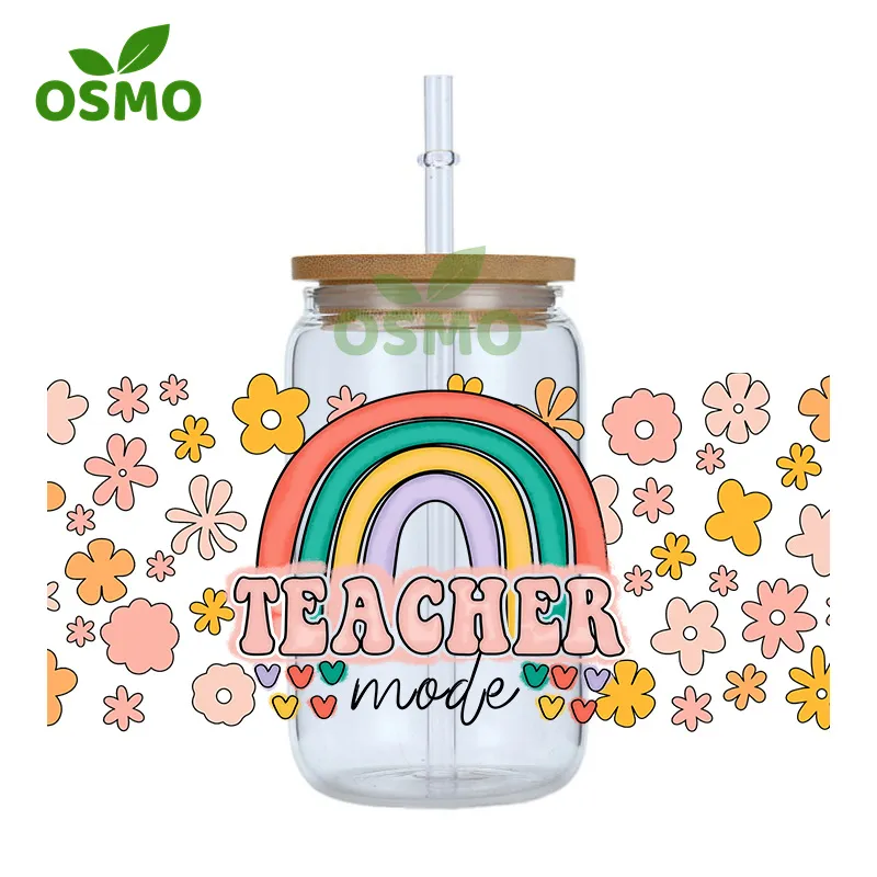 Osmo Wholesale Factory Printed UV Dtf Transfer Cup Wraps Teacher Daily 16oz Libbey Glass Can Wraps Uv Transfer Decals