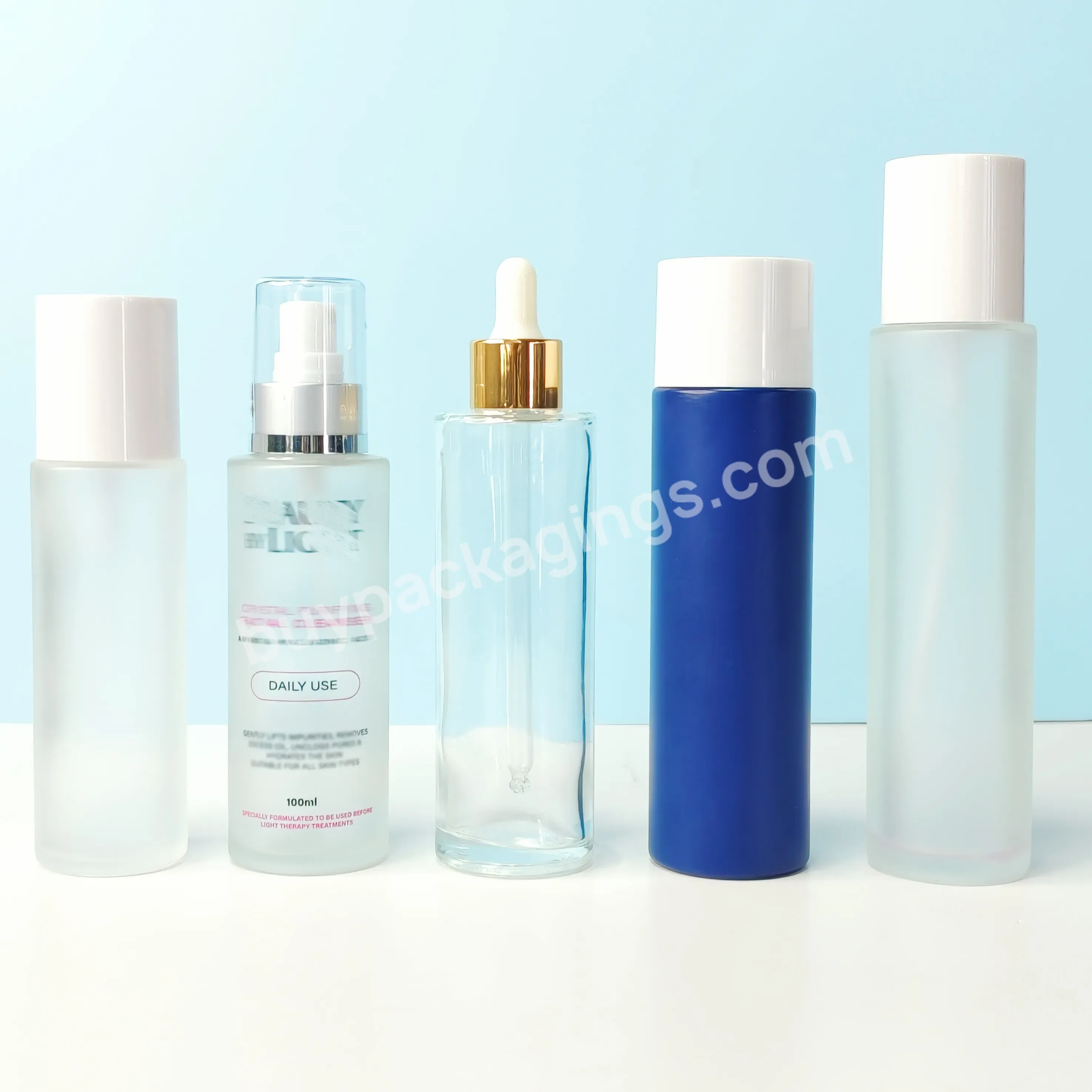 Personal Care Toner Lotion Cream Essential Oil Cosmetic Package Empty Round Clear Forested Navy Blue Glass Bottle