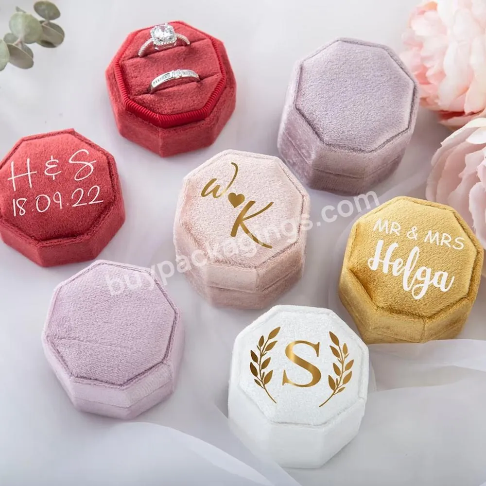 Personalized Velvet Wedding Engagement Jewelry Ring Box Logo Custom Jewelry Packaging Mrs Gift Ring Box Octagon Velvet Ring Box