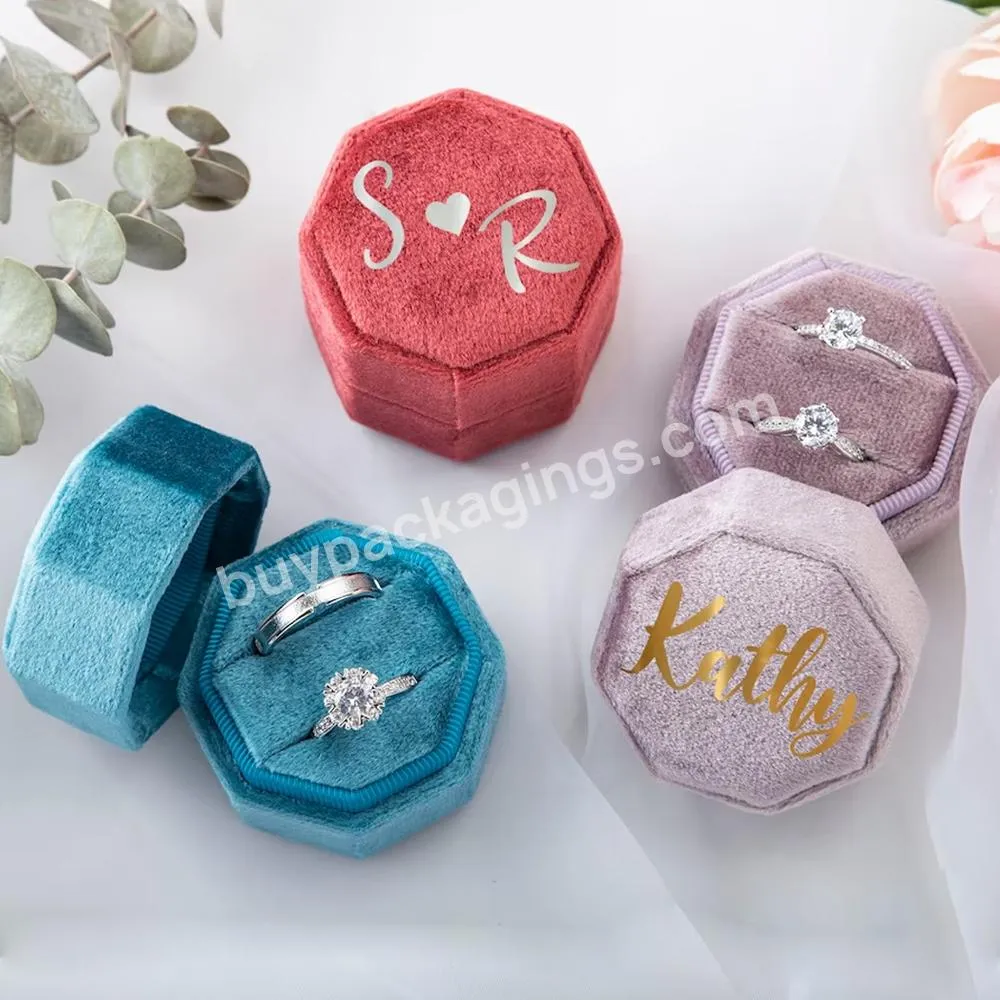 Personalized Velvet Wedding Engagement Jewelry Ring Box Logo Custom Jewelry Packaging Mrs Gift Ring Box Octagon Velvet Ring Box