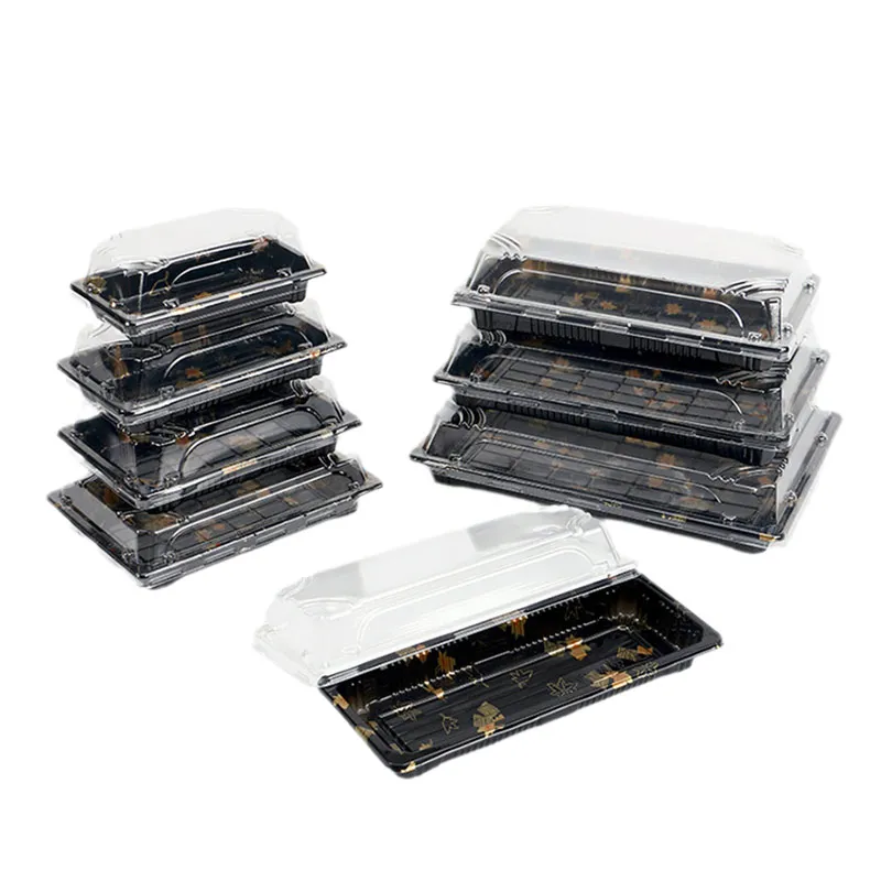 Plane Black Disposable Divided Plastic Food Plates Sushi Trays Container Japanese Take Out Maki Packing Sushi Togo Box For Sushi