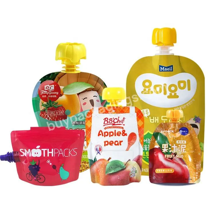 Plastic Bpa Free Custom Printed Reusable Fruit Puree Bag Jelly Apple Sauce Stand Up Pouch With Spout Packaging For Baby Food