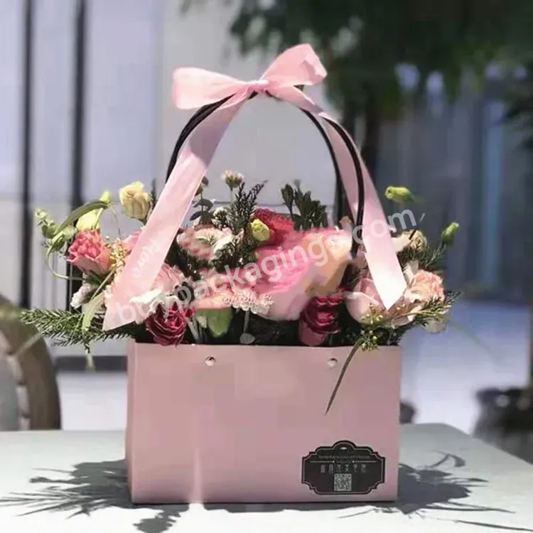 Portable Flower Basket Custom Flower Bouquet Bags Brown Carrier Waterproof Flower Art Paper Bags With Handle