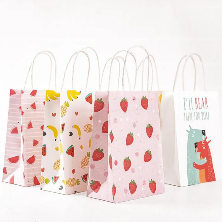 Portable Shopping Handle Rope Fruit Cartoon Kraft Paper Clothing Candy Gift Packaging Hand Bag
