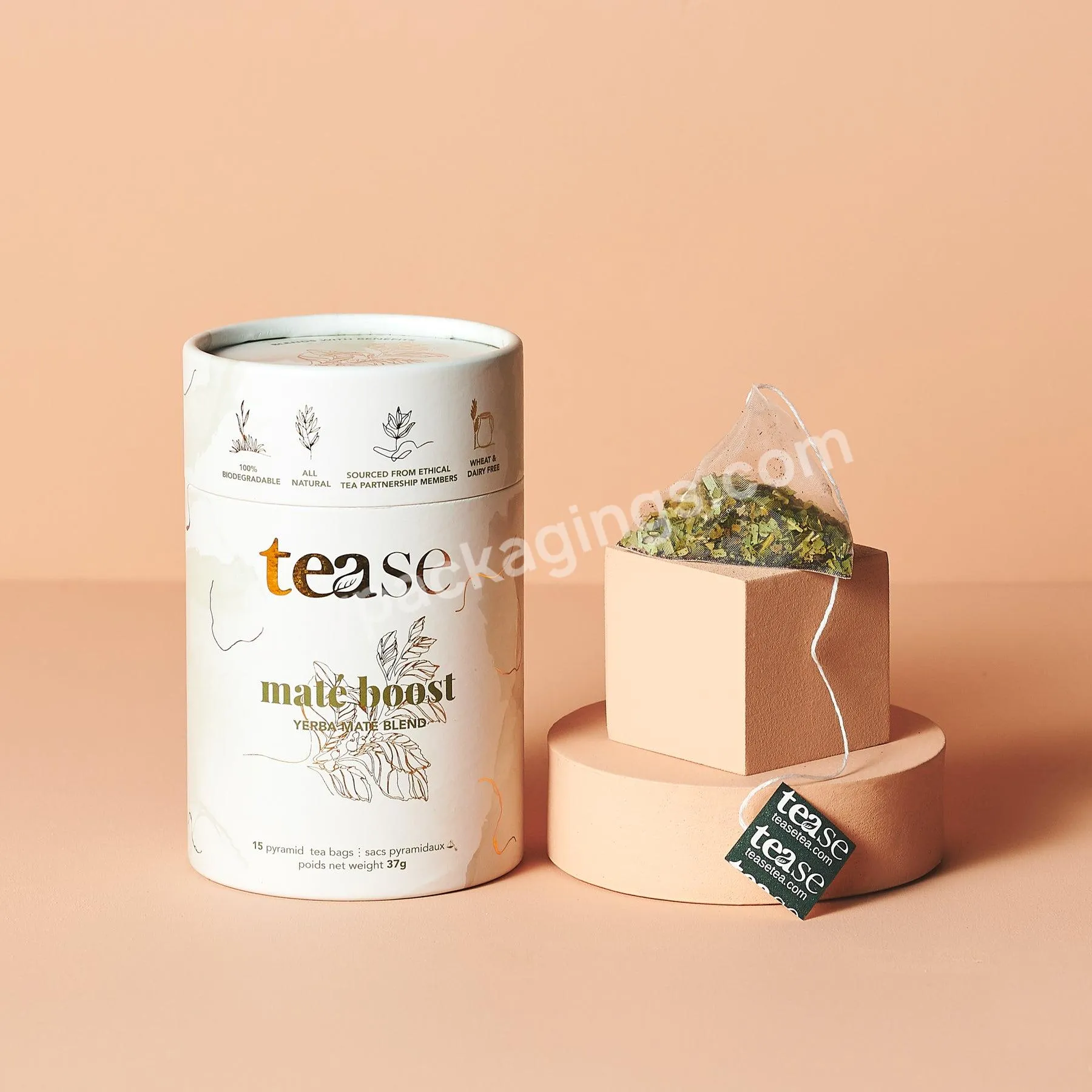 Premium Biodegradable Cylinder Paper Cardboard Tea Bags Canister Packaging for Loose Tea Package