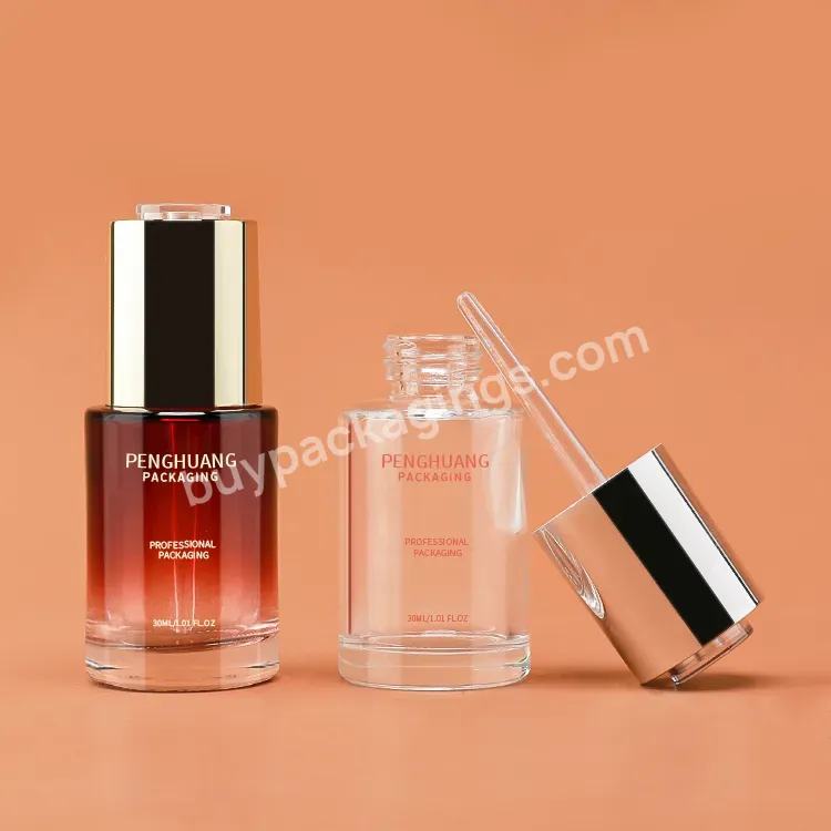 Professional Custom 1oz 30ml Red Dropper Bottle With Push Button For Essence Oil Clear Glass Serum Bottle - Buy Essence Oil Bottle,Face Skincare Dropper Bottle,30ml Serum Glass Bottle.