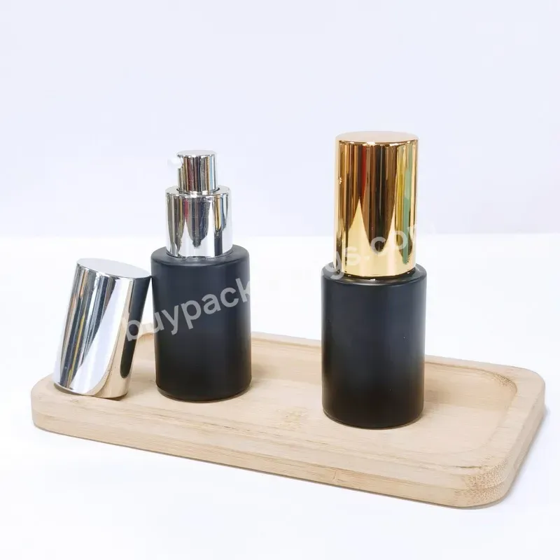 Push Button Flat Shoulder Essential Oil Serum Clear Frosted Bottle 30ml 1oz Matte Black Cosmetic Glass Pump Dropper Bottle