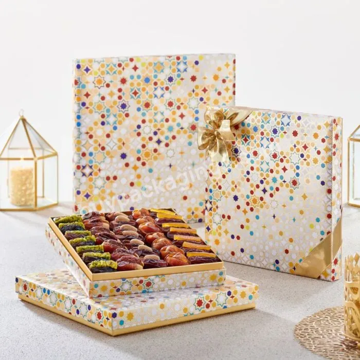 Ramadan Dates Presented In Luxury Geometric Motifs Paper Box Chocolate Najma Gift Set Packaging Box Ramadan's Fasting Hours