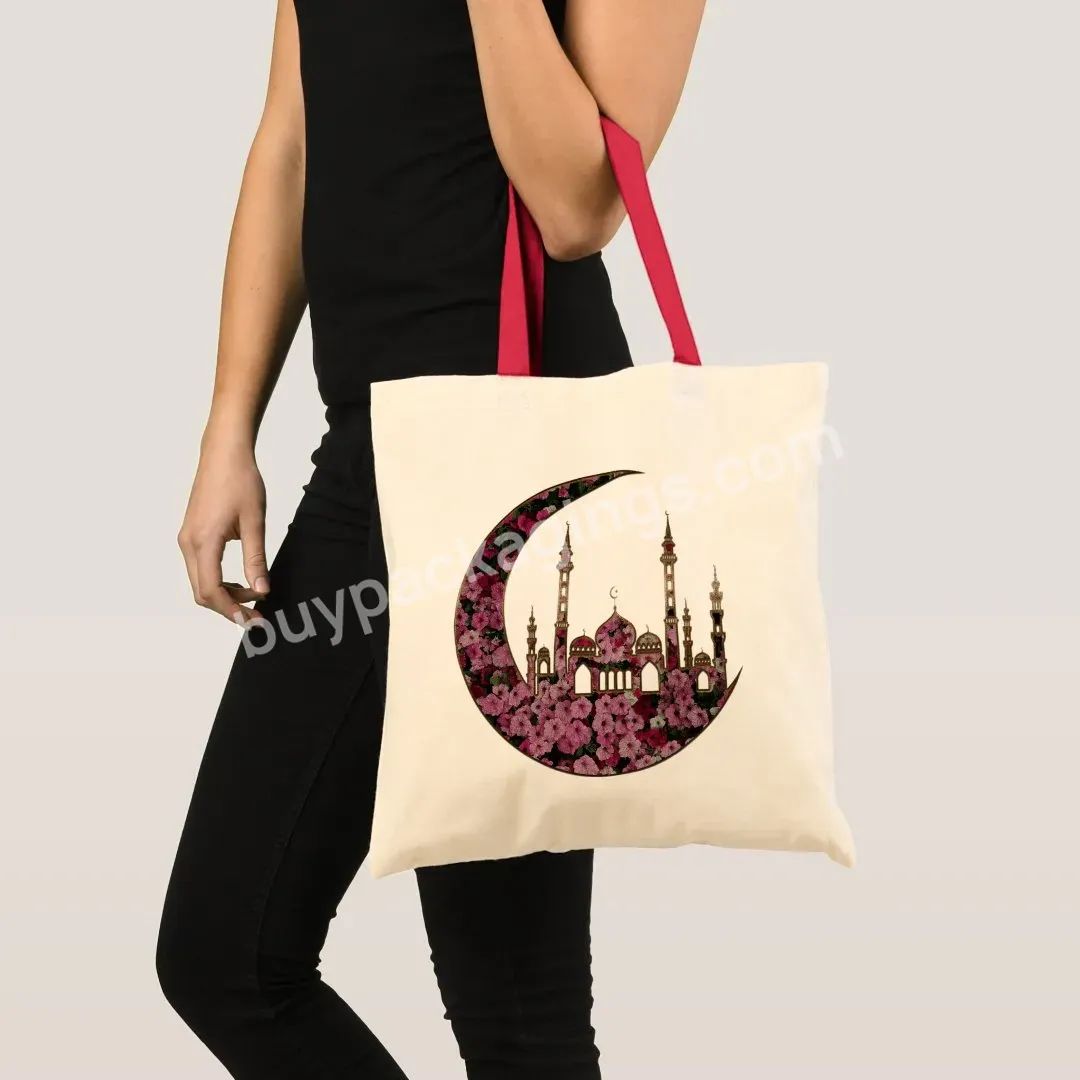 Ramadan Kareem Mosque In Crescent Moon With Blue Tote Bag Watercolour Lanterns Grocery The Flower Mosque On The Moon Cloth Bag