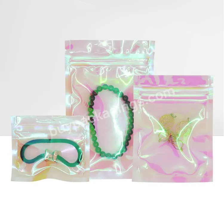 Ready To Ship Laser Plastic Cosmetic Tools Jewelry Eyelash Three Side Seal Packaging Pink Transparent Holographic Zipper Bag