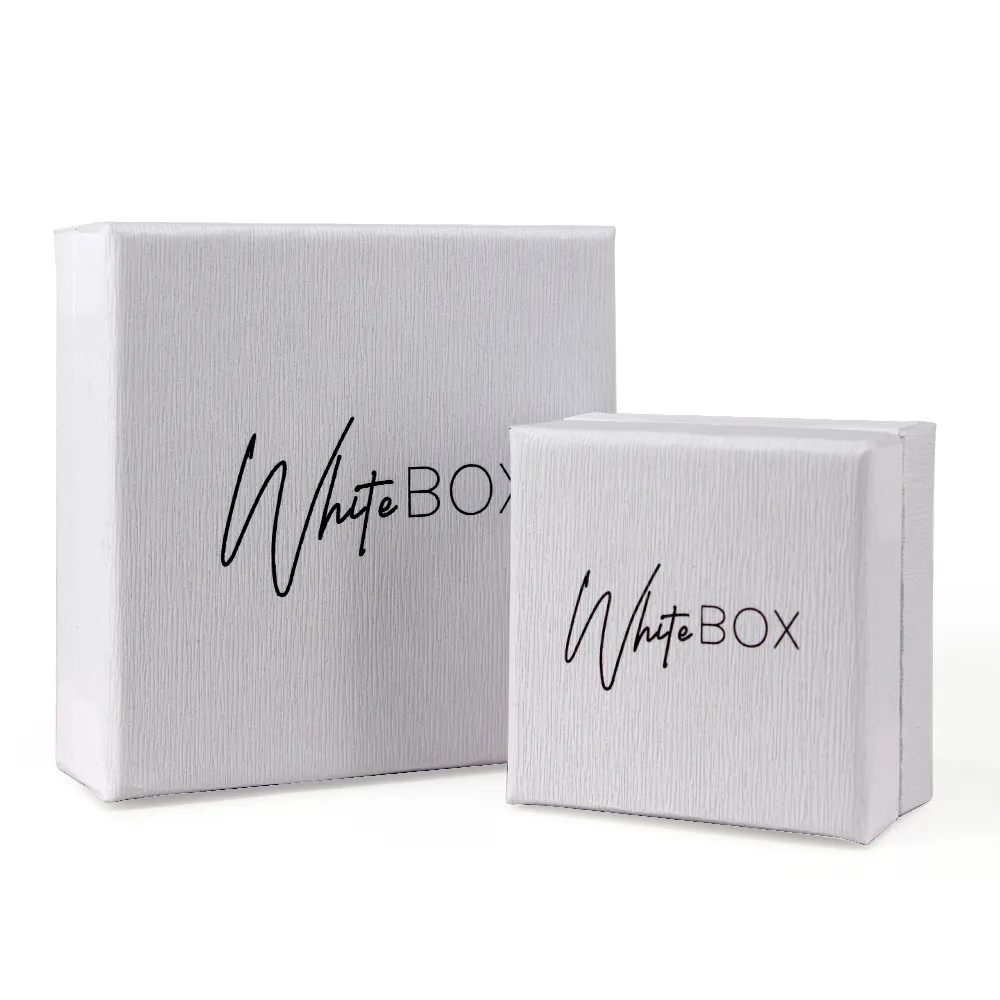 Recyclable white natural textured paper jewelry packaging box custom black hot stamping logo