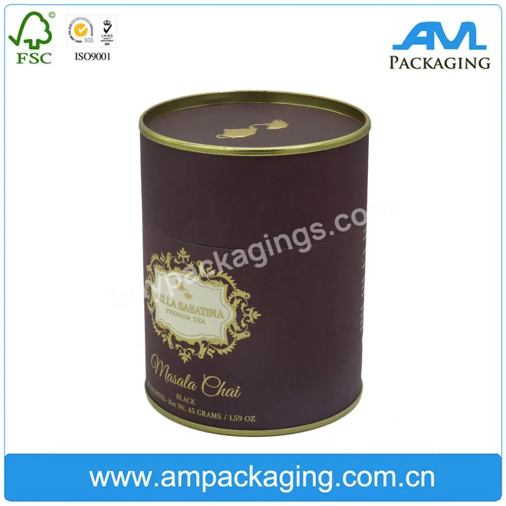 Recycled Materials Foil Stamp Logo Round Tube Paper Tea Cans For Food Packaging