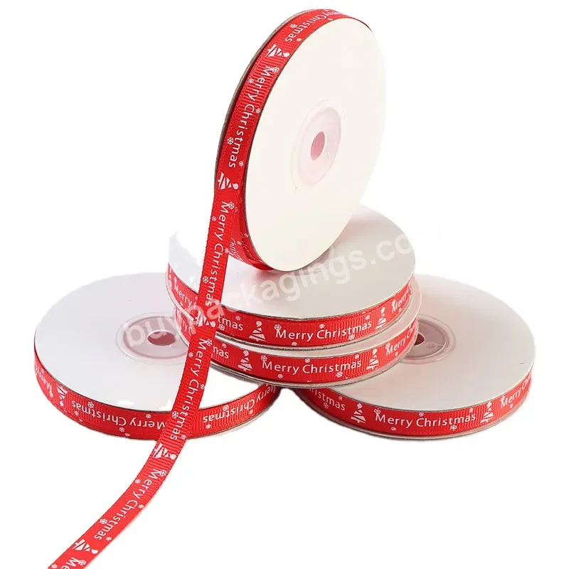 Red 1cm Wide Merry Christmas Ribbons Printed Grosgrain Ribbons Red Polyester Gift Ribbon Wholesale