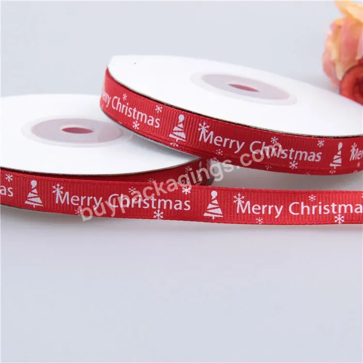 Red 1cm Wide Merry Christmas Ribbons Printed Grosgrain Ribbons Red Polyester Gift Ribbon Wholesale