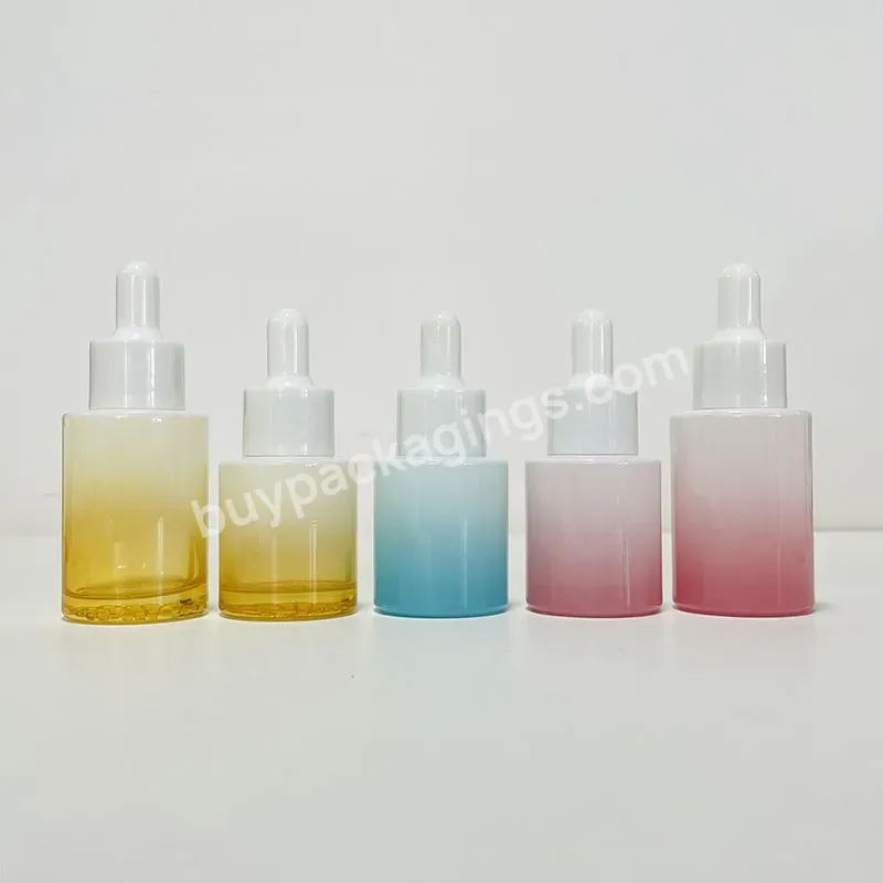 Refillable Empty Flat Shoulder Cosmetic Packaging 30ml 1 Oz Gradient Red Blue Serum Essential Oil Glass Dropper Bottle