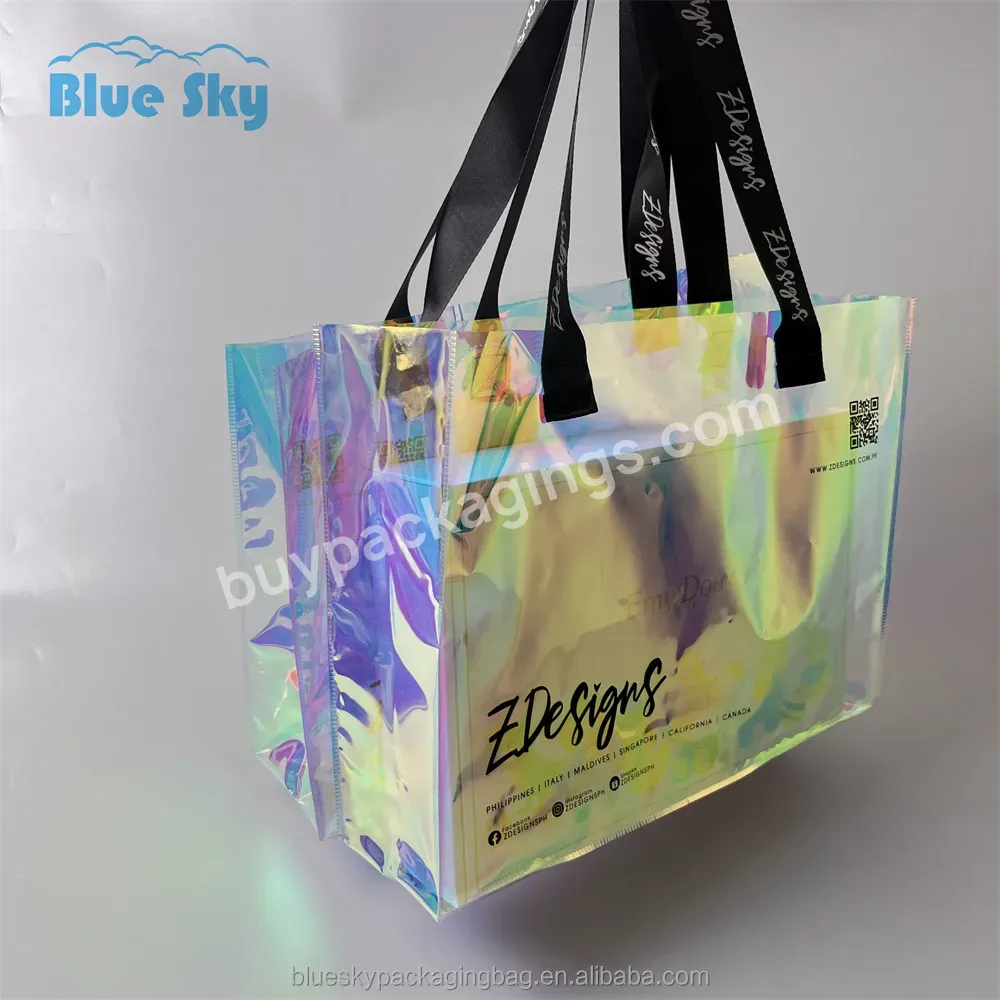 Repeated Use Of Holographic Pvc Beach Tote Bag Transparent Laser Tote Bag Transparent Holographic Rainbow Shopping Bag With Logo