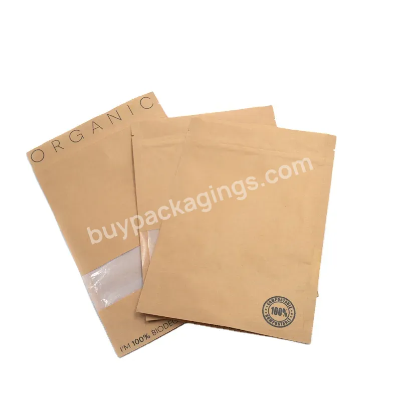 Resealable Flat Laminated Brown Empty Kraft Paper Candy Coffee Tea Food Bags With Clear Window