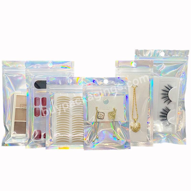 Resealable Hologram Mylar Zipper Plastic Jewelry Makeup Ziplock Packaging Transparent Holographic Bags With Round Hole