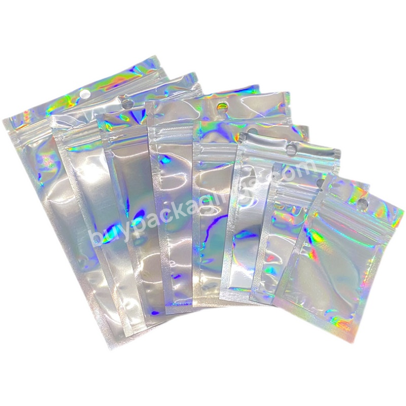 Resealable Hologram Mylar Zipper Plastic Jewelry Makeup Ziplock Packaging Transparent Holographic Bags With Round Hole