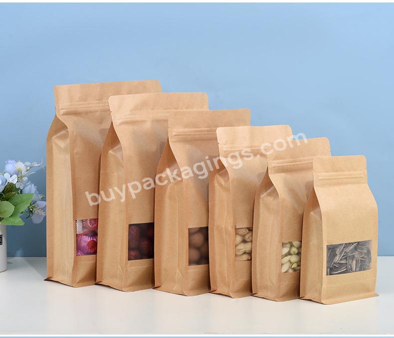 Resealable In Stock Brown Kraft Paper Square Bottom Stand Up Ziplock Rice Dates Tea Food Packaging Bag