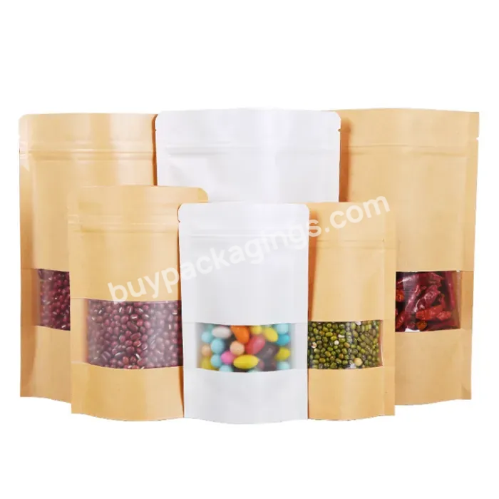 Resealable No Print Ready To Ship Tea Coffee Packaging Bag With Clear Window Stand Up Pouch Ziplock Brown Kraft Paper Bags