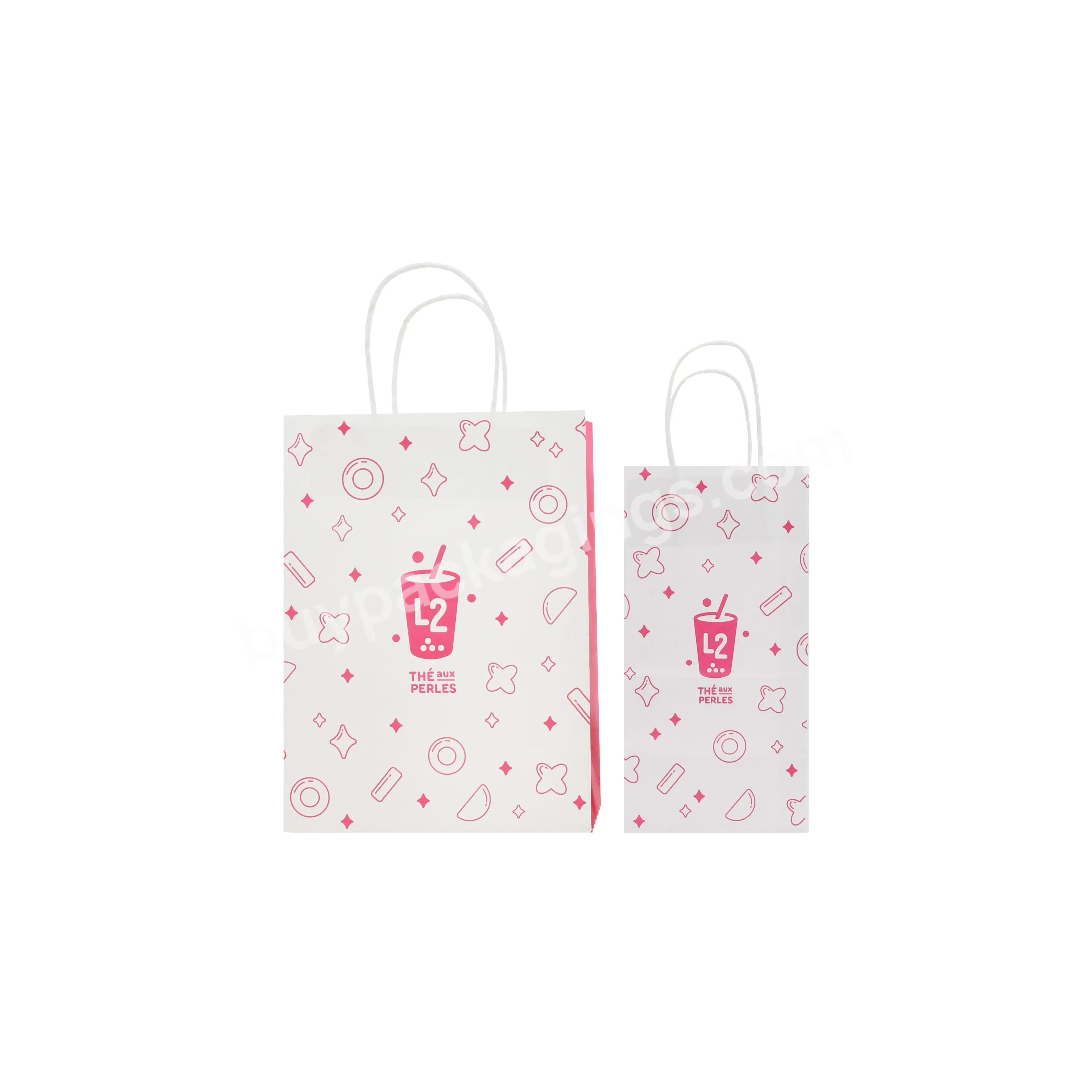 Retail Cheap Bulk Pharmacy Food Promotional Pink And White Craft Paper Bags With Handles With Twist Rope With Personalized Logo