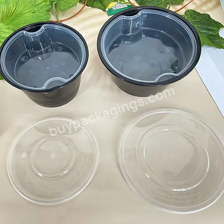 Reusable Two Layers Food Dry And Wet Separate Takeaway Packaging Plastic Black Food Bowl With Lid Disposable