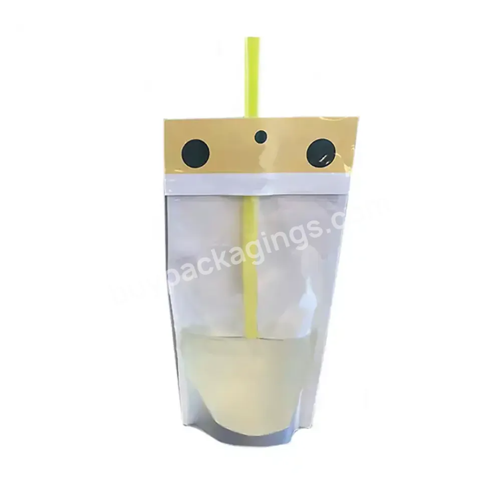 Reusable Zipper Liquid Food Beverage Packaging Disposable Plastic Juice Drink Pouches Bags With Straw Hole