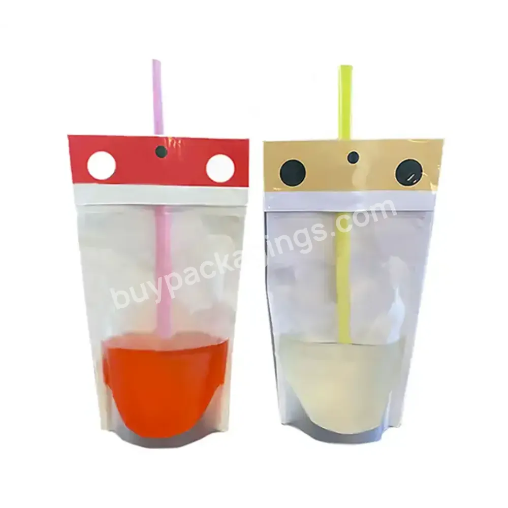 Reusable Zipper Liquid Food Beverage Packaging Disposable Plastic Juice Drink Pouches Bags With Straw Hole